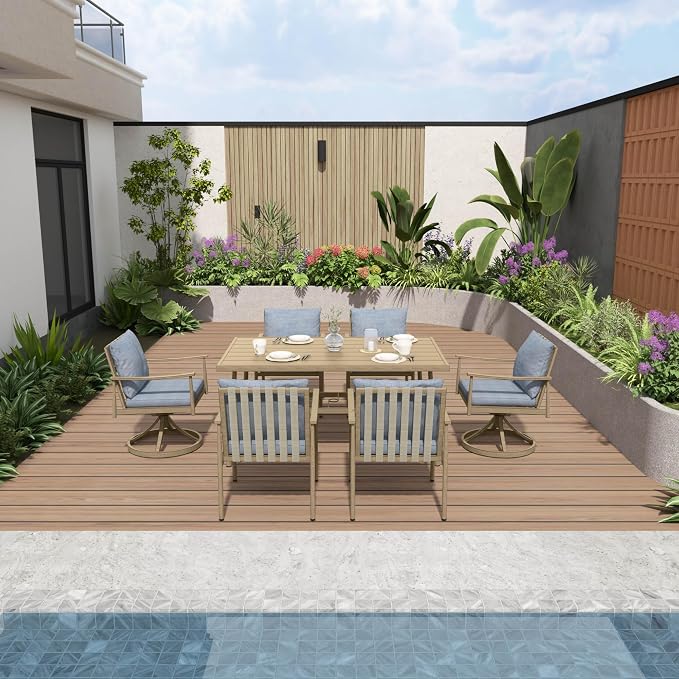 7-Piece Outdoor Dining Set for 6, Aluminum Dining Set with Cushions, 4 Dining Chair and 2 Swivel Chairs with Rope Backrest, Large Rectangular Table with Umbrella Hole for Lawn Porch Yard,Brown