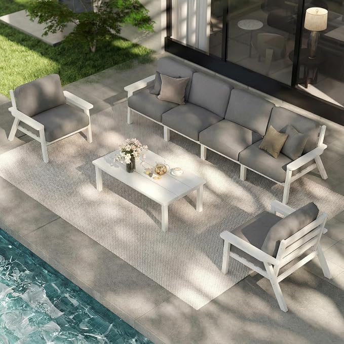 Patio Furniture Set 6 Seats, HDPE Outdoor Sectional with Gray Washable Thick Cushions, Coffee Table, Patio Conversation Sets for Lawn, Garden, Porch, Balcony, Deck (White Frame)