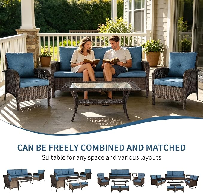 Outdoor Swivel Rocker Patio Chairs (Brown Wicker/Blue Cushion, 4PC/Sofa & Chair &Coffee Table)