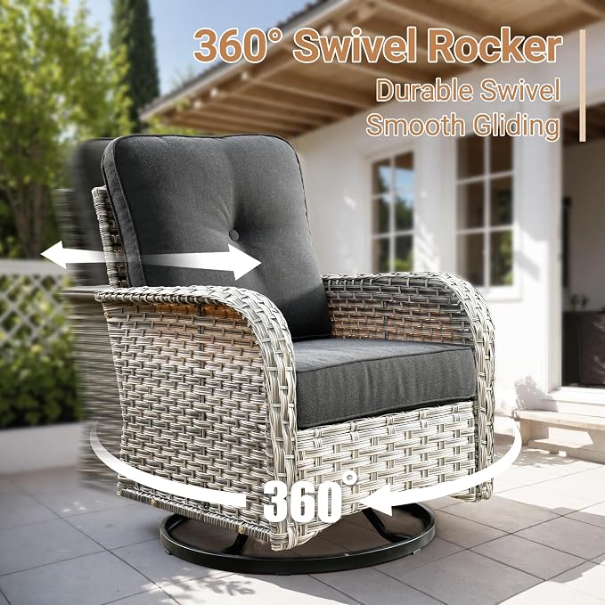 HOOOWOOO Outdoor Patio Furniture Set with Light Table,7 Pieces Wicker Conversation Set,All Weather High Back Couch Sofa Swivel Chairs Ottomans Set,Black