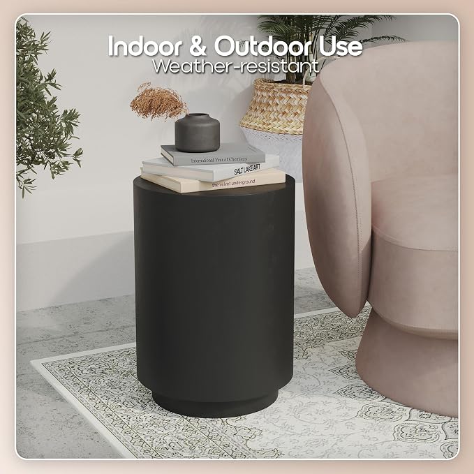 LeisureMod 14” Wide Round Side Table in Fiberstone with Travertine/Painted Finish Tapered Base Indoor and Outdoor Use for Modern Home, Living Room, Patio, Backyard Ramble Collection in Black