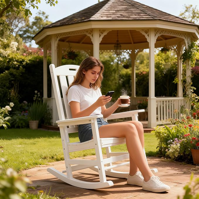Wooden Rocking Chairs Outdoor, High Back and Armrest Porch Chair, All Weather Porch Rockers, for Porch/Garden/House Use.（White）