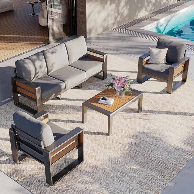 Aoxun Aluminum Patio Furniture Set, 5 Seats Luxury Metal Patio Conversation Sets with Coffee Table, 6'' Thick Cushions and 3-Seat Sofa, Modern Outdoor Furniture Set for Backyard/Poolside, Light Grey