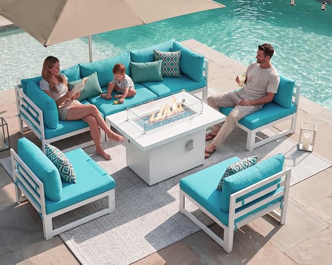 NICESOUL 6 Person Modern Aluminum Outdoor Patio Furniture Set with Fireplace, 29" Wide Deep Seating, Fade & Water Resistant L Shaped Sectional Couch, Large Conversation Set for Backyard Terrace, Teal