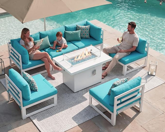 NICESOUL 6 Person Modern Aluminum Outdoor Patio Furniture Set with Fireplace, 29" Wide Deep Seating, Fade & Water Resistant L Shaped Sectional Couch, Large Conversation Set for Backyard Terrace, Teal