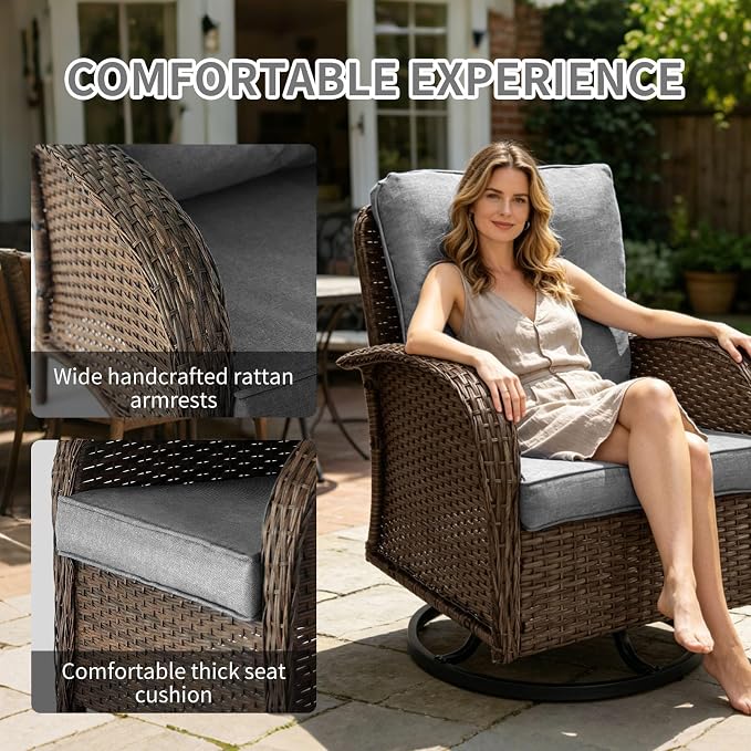 Outdoor Swivel Rocker Patio Chairs (Brown Wicker/Grey Cushion, 7PC/Sofa & Swivel &2 Table & Ottomans)