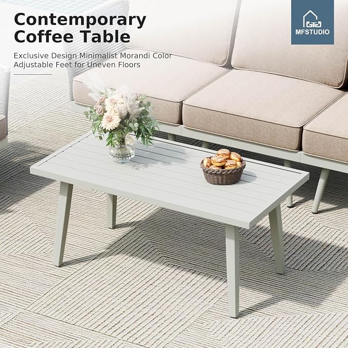 MFSTUDIO 5 Pieces Metal Patio Furniture Sets with Detachable Rope Rattan Armrest, 4 Seats Steel Outdoor Conversation Set All Weather Patio Sectional Couch with Coffee Table for Garden, Beige Cushion