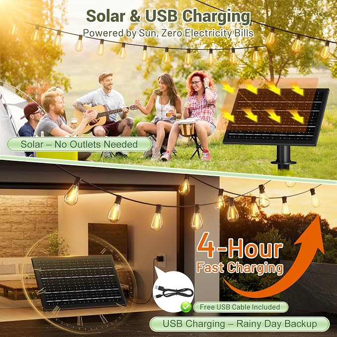 30FT Solar String Lights Waterproof, 10+1 LED Shatterproof Bulbs Solar Powered with Remote & USB Port, 3 Modes Dimmable Outdoor Lights for Patio, Garden, Camping