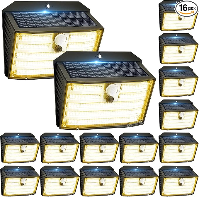 [16 Packs] Solar Motion Lights Outdoor, Ultra Bright Solar Fence Lights with Motion Sensor, IP65 Waterproof Security Light 3 Modes, 270° Lighting Angle, Wall Lights for Deck Patio Fence Garage Door