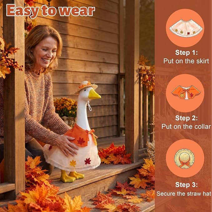 3 Pcs Fall Porch Goose Outfits Maple Goose Clothes for 23" Cement Goose Set | Outdoor Garden Statue with Adorable Gooses Outfit, Garden Entrance Decoration, Thanksgiving Party Holiday Decor