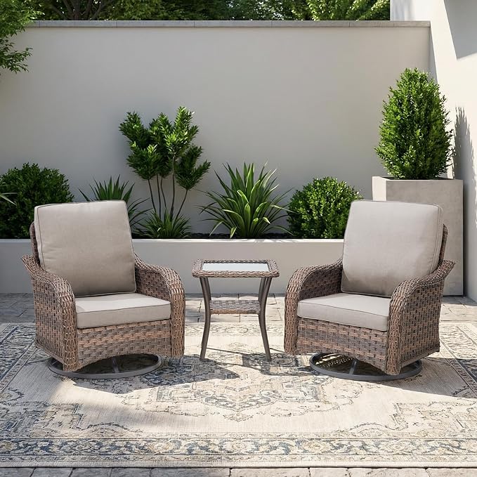 Patio Wicker Swivel Chairs -3 Piece Outdoor Swivel Rocking Chairs with Rattan Side Table, Ergonomic Design for Porch, Deck, Balcony, Garden, and Backyard(Beige)