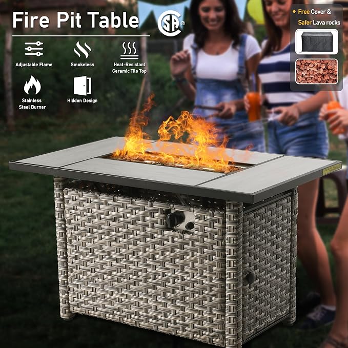 HOOOWOOO Outdoor Patio Furniture Set with Fire Pit Table,11 Pieces Wicker Out Door Sectional Furniture L Shaped Couch,Outside Patio Conversation Swivel Chair Sets,Orange Red