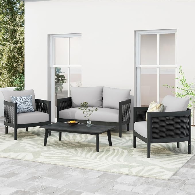 Christopher Knight Home Peron Patio 4-Seater Conversation Set, Sofa/Loveseat, 2 Club Chairs, Coffee Table, Cushion+Back Pillows, Acacia Wood+Wicker, Garden, Backyard, Poolside, Black + Light Grey
