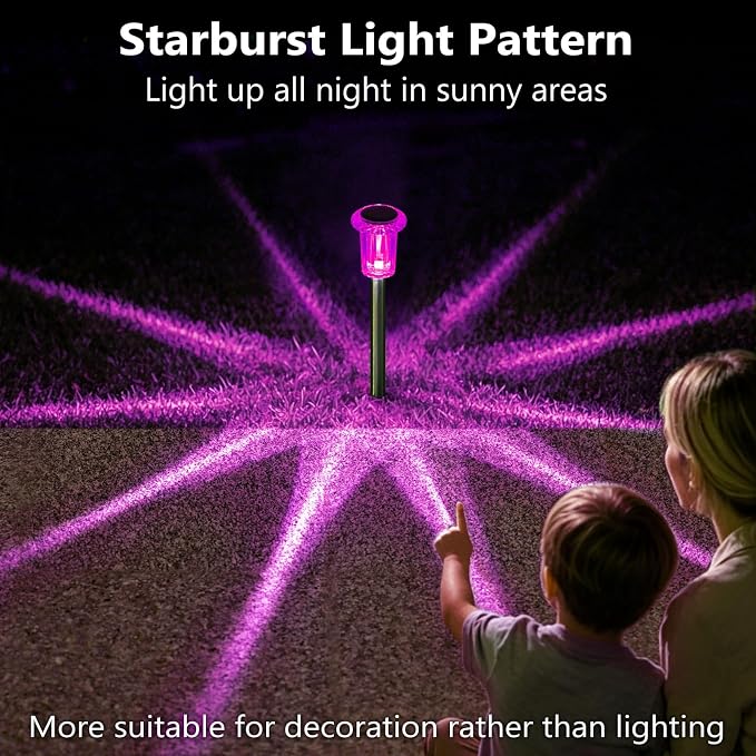DenicMic Solar Outdoor Lights 10 Pack Pink LED Valentines/Mothers Day Decor | Garden Decor for Outside Yard Patio Flowerbed Pathway Starburst Pattern, Acrylic Diamond-like Lampshade Stainless Steel Pole