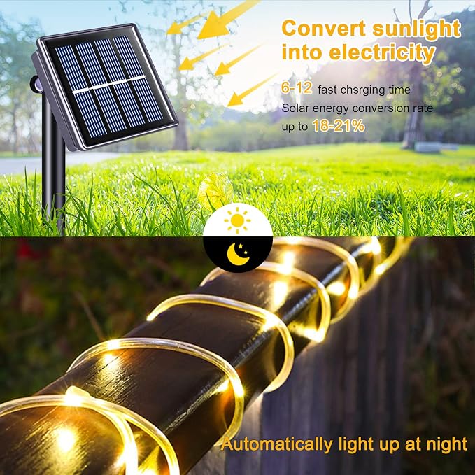JMEXSUSS 66ft 200 LED Warm White Solar Rope Lights with 8 Modes | Solar Christmas Lights Outdoor Waterproof, Rope Lights for Fence,Gazebo,Yard,Walkway,Path