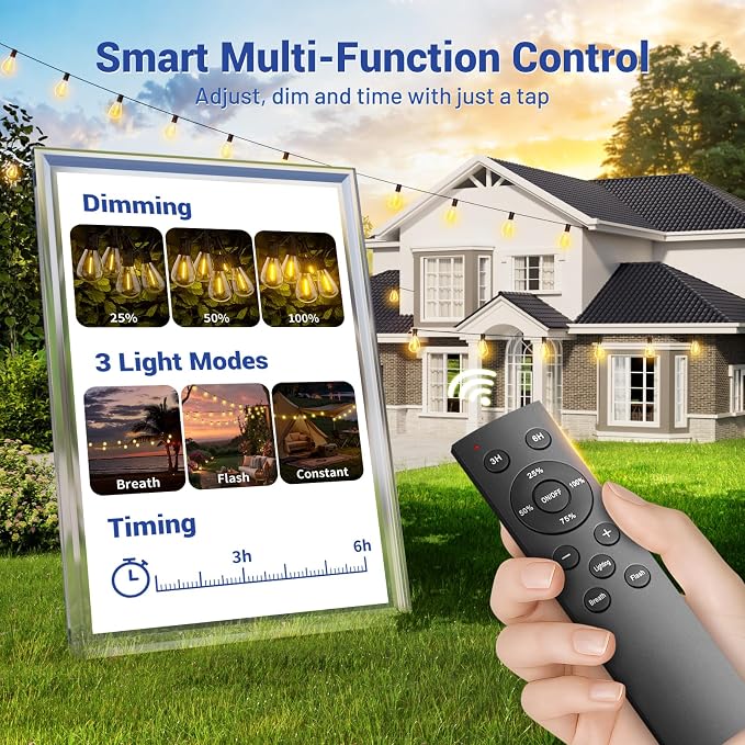 100FT Outdoor String Lights with Remote & Dimmable, 35+1 Shatterproof Waterproof Bulbs, Dimmable Outside Hanging Patio Lights for Backyard, Porch, Deck, Garden 2200K Warm Yellow