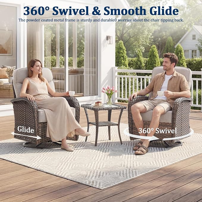 Outdoor Swivel Rocking Chair Patio Set (7-Piece), High-Back - Thick Cushion Swivel Rocking Chair Patio Set, All-Weather Wicker Patio Furniture Set, Suitable for Balcony Patios, Brown/Beige