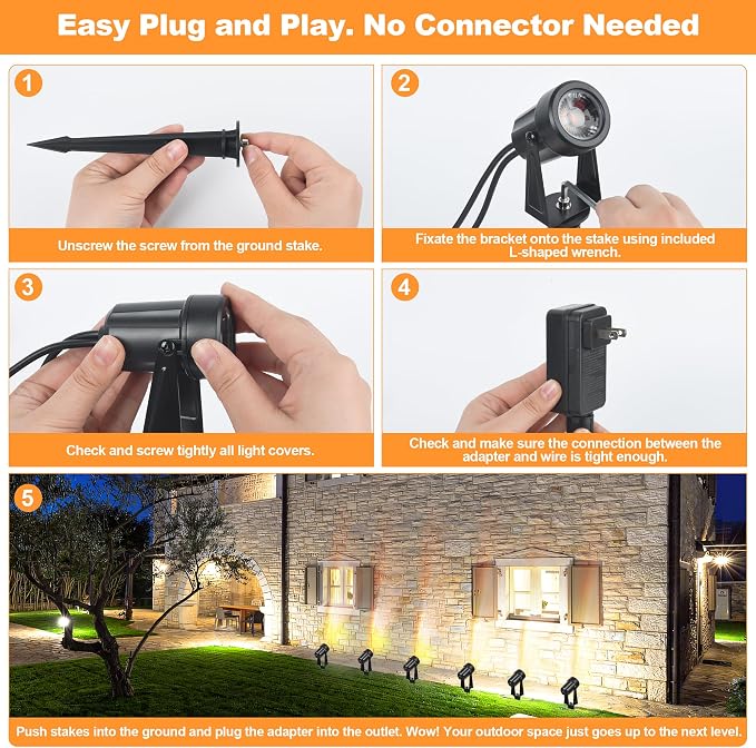 Outdoor Landscape Lighting Waterproof with 45.9FT Cable & built-in LED Light, Low Voltage 12W 1200LM Plug in Electric LED Spot Light 3000K Uplight with Transformer for Garden Yard Tree Path, Pack of 4