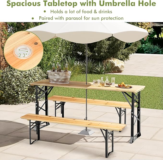 Goplus Folding Picnic Beer Table, 66.5” Outdoor Camping Table with Adjustable Heights, Umbrella Hole and Wood Top, Rectangular Portable Picnic Table for Patio Garden Party Backyard, No Assembly