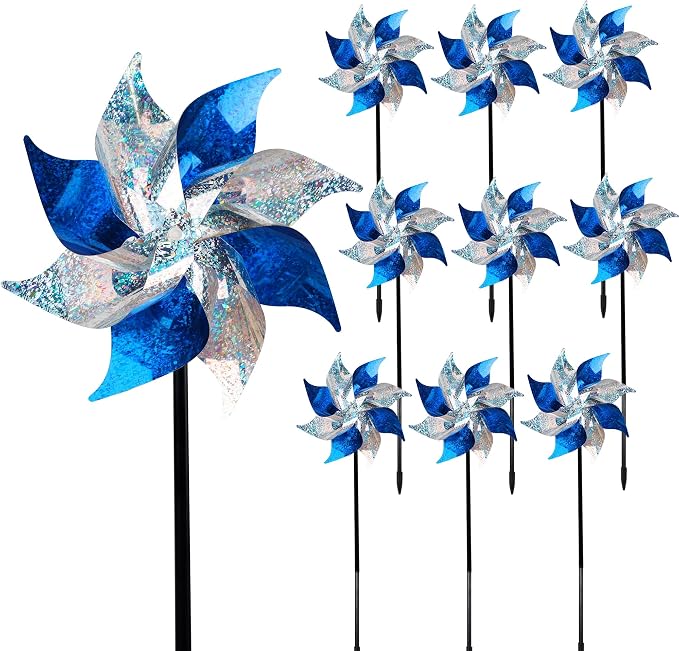 Hausse 10 Pack Reflective Pinwheels with Stakes (Assembly Required), Extra Sparkly Pin Wheel for Garden Decor, Bird Repellent Devices Deterrent to Scare Birds Away from Yard Patio Farm, Blue & Sliver