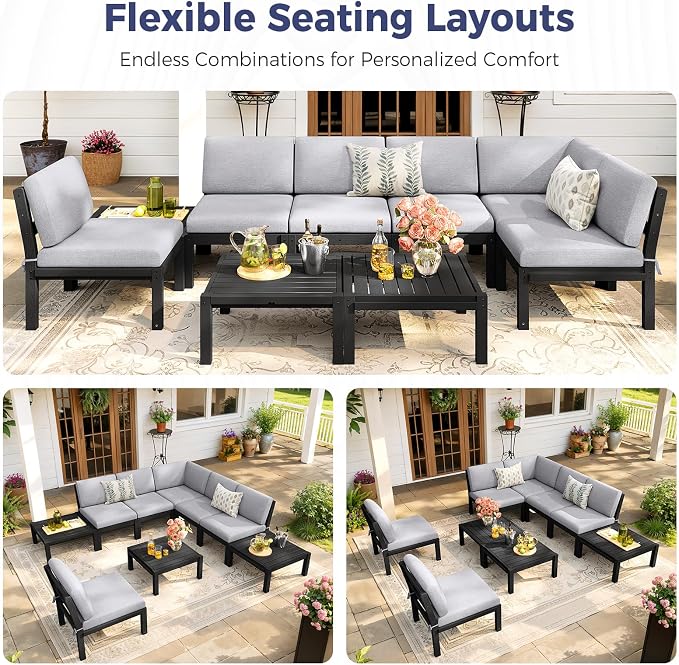 Outdoor Patio Chairs Set of 2, HIPS Modular Sectional Seatings & Thick Cushions– Side Interlock Easy to Connect, Weatherproof Patio Furniture Set for Backyard, Deck, Poolside (Black)