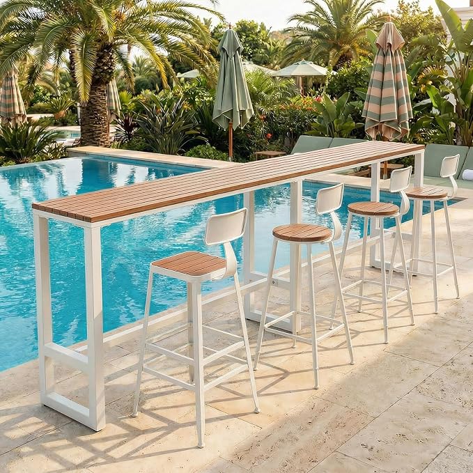 Outdoor Bar Table Weather Resistant, Wood Counter Height Bar Table Rain Sun Protection, Extra Long High Top Table 47.2"-102.4", for Patio, Garden, Yard, Balcony, Poolside(White,102.4"x15.7"x40.5")