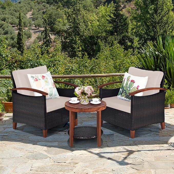 HAPPYGRILL 3 Pieces Patio Conversation Set Outdoor Rattan Wicker Sofa Set with Cushion & Acacia Wood Frame, Coffee Table and Chairs Set for Garden Poolside Balcony