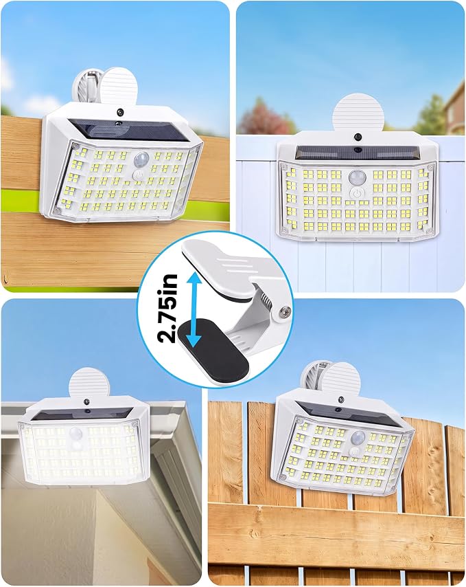 176LED Clip on Solar Lights Outdoor, 600LM Solar Motion Lights Outdoor with 180° Wide Angle, IP65 Waterproof Portable Solar Fence Lights Outdoor for Fence, Gutter, Garden, Camping, Patio White 4Pack