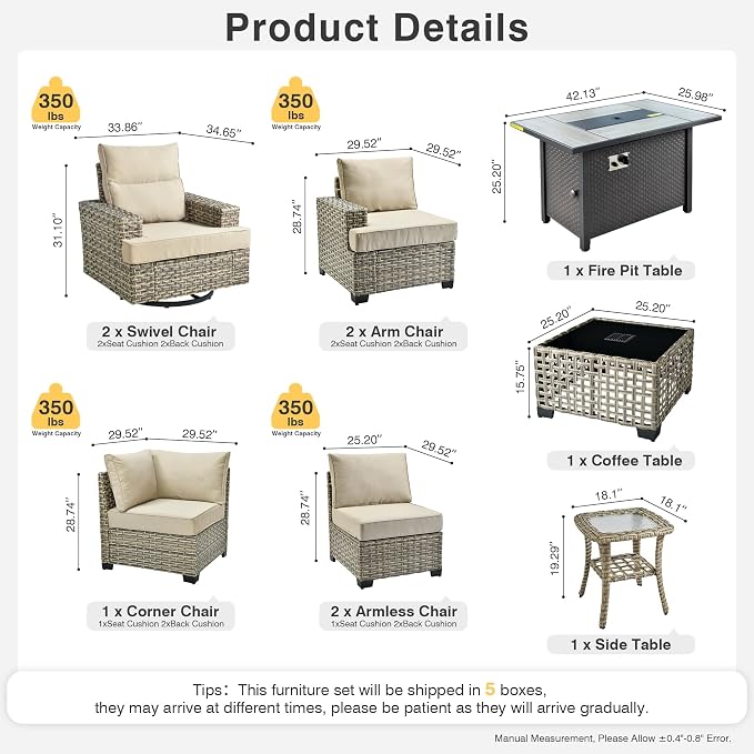 Weaxty 10 Pieces Outdoor Patio Furniture Set with Swivel Rocking Chair, Outdoor Sectional Sofa Couch Wicker Modular Patio Conversation Set w/42 Fire Pit and Coffee Side Table,Beige