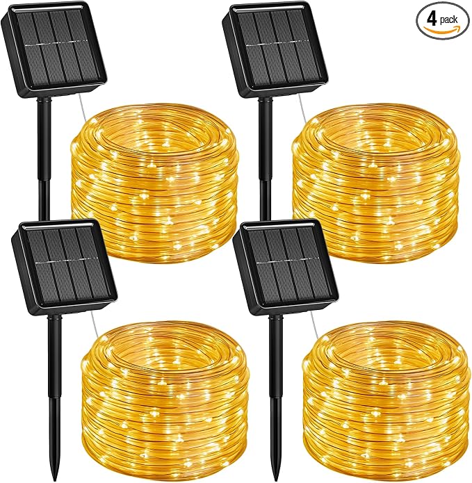 Brightown 4 Pack 39FT 100LED Warm White Solar Rope Lights Waterproof | IP65 waterproof solar fairy lights with 8 lighting modes, solar powered, perfect decor for yard, garden and outdoor tree