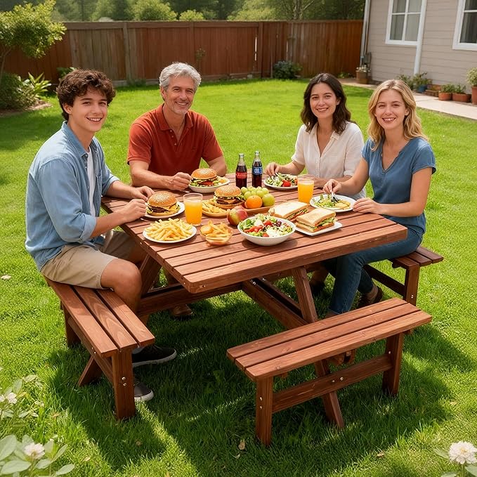 KEIKI 8-Person Square Picnic Table with Benches & Umbrella Hole, Waterproof Outdoor Dining Table with Sturdy Cross Base, Patio Table Set for Backyard Garden Camping, Brown
