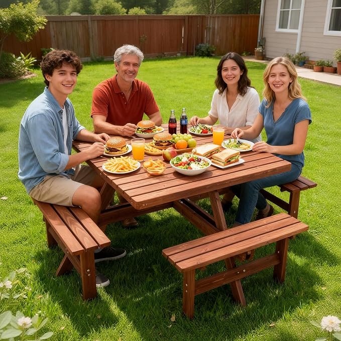 6-8 Person Square Picnic Table with Umbrella Hole Waterproof & Sturdy Cross StructureOutdoor Camping Wooden Dining Tables Set for Backyard Garden Camping Easy Clean,46.1",Brown