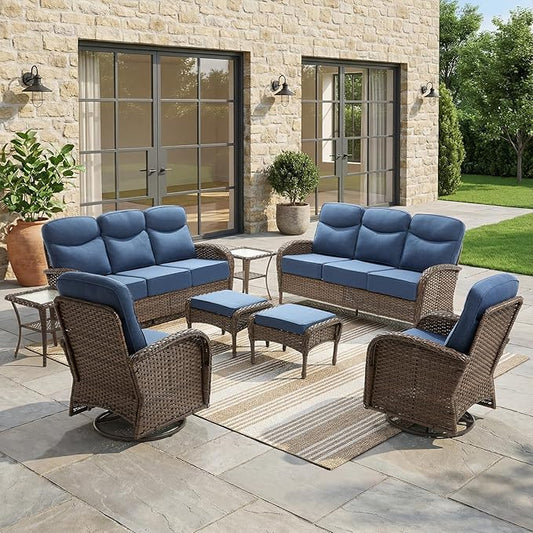 8-Piece Patio Furniture Set with Upgraded 6" Thick Cushion - High Back Outdoor Swivel Rocker Chairs with 3-Seater Sofa Set of 2,Ottomans,Wicker Outdoor Conversation Set for Deck, Porch, Yard, Poolside