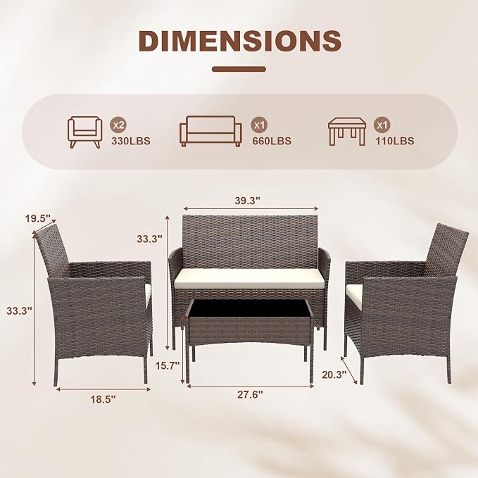 Outdoor Wicker Patio Set 4 Piece, Rattan Conversation Furniture with Loveseat, 2 Armchairs, Tempered Glass Table and Cream Cushions, Patio Seating for Balcony Porch Garden Poolside