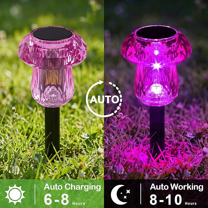 Solar Pathway Lights Outdoor 8 Pack Pink Garden Mushroom Decor | Waterproof Garden Outside Yard Walkway Landscape Path Lighting, LED Auto On/Off Decorations, Acrylic Diamond-like Lampshade