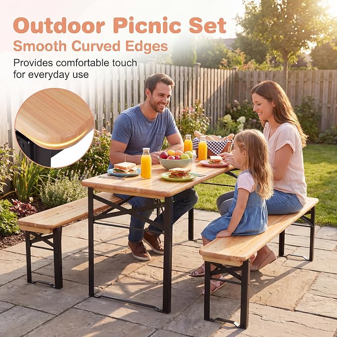HONEY JOY Kids Picnic Table, 43.5 Inch Folding Toddler Outdoor Table & 2 Benches, Fir Wood Top & Metal Frame, No Assembly, Portable Easy to Store Camping Table and Chairs for Patio Backyard (Black)
