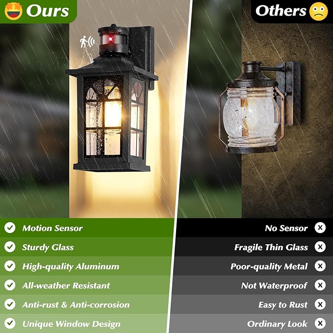 Motion Sensor Outdoor Wall Light Fixture, Dusk to Dawn Porch Light | Auto ON/OFF, 3 Lighting Modes, Waterproof, Rust-Resistant, Aluminum Frame & Sturdy Glass, Easy to Install