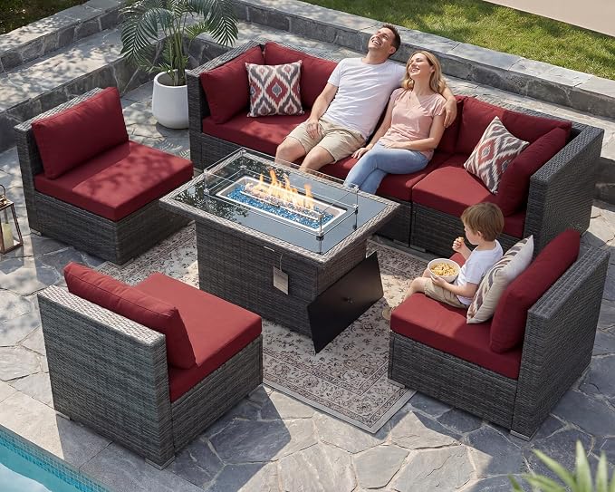 NICESOUL 7 Piece Outdoor Patio Furniture with Firepit Table Natural Gas & Propane Convertible, 29.3'' High Back L Shaped Couch Sectional, Extra Large Rattan Patio Modular Set for Backyard, Burgundy
