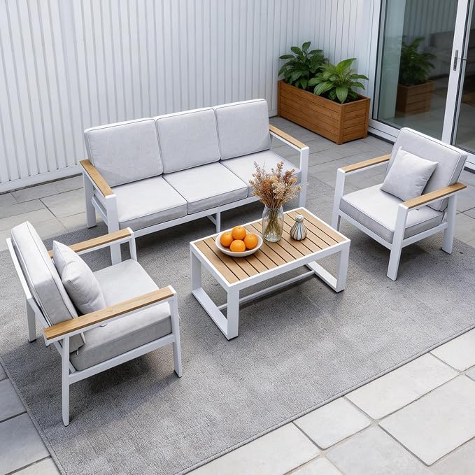 Aluminum Patio Furniture Set, Modern Metal Outdoor Conversation Sectional Sofa with Washable Thick Cushions, Coffee Table and Waterproof Cover (White, 1088-5seat)