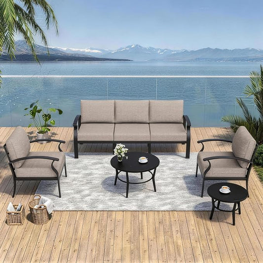 Kurapika Aluminum Patio Furniture Set 5-Seat Modern Metal Outdoor Conversation Sets w/5.1 Inch Cushion Patio Sectional Sofa with 2 Round Coffee Tables, Sand