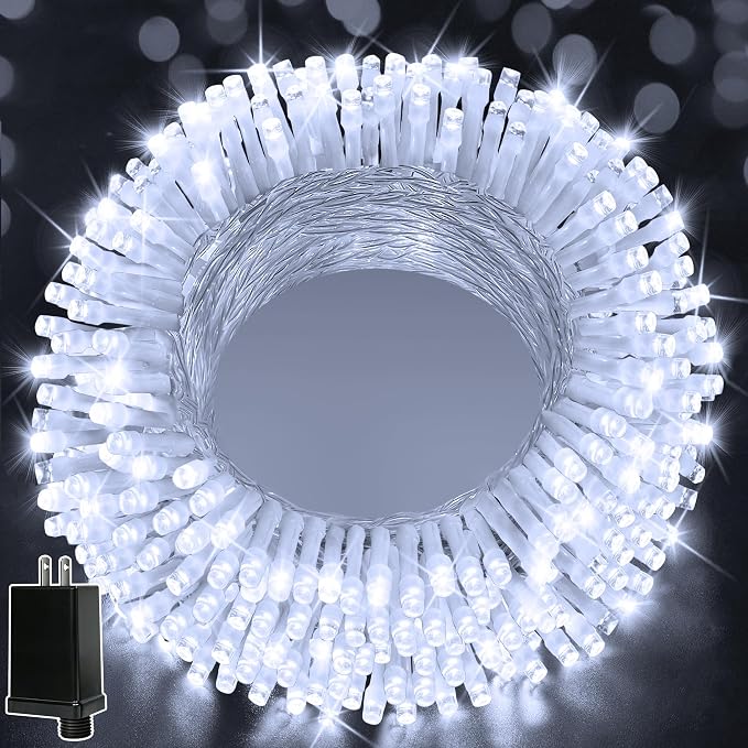 Ollny Christmas Lights 200LED 60FT Indoor, Cool White Connectable Plug in String Light Outdoor, 8 Modes Waterproof Timer LED Fairy Lights for House Outside Bedroom Patio Balcony