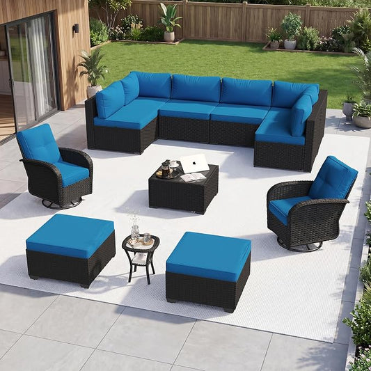 Aoxun 12 Piece Outdoor Patio Furniture Set with Coffee Table, Wicker Rattan Outdoor Furniture with High Back Swivel Rocker Chairs, Outdoor Conversation Set with Thick Cushion & Ottoman, Peacock Blue