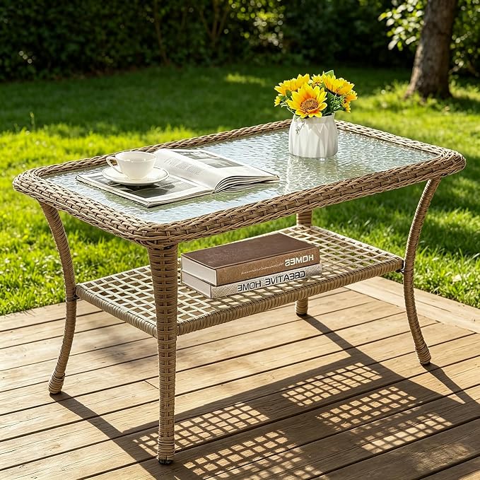 MEETWARM Wicker Patio Coffee Table, 34.5" Rectangle Outdoor Coffee Table with Tempered Glass Top and 2-Tier Storage Shelf, All-Weather Rattan Patio Side Table for Outside Poolside Deck Garden, Brown