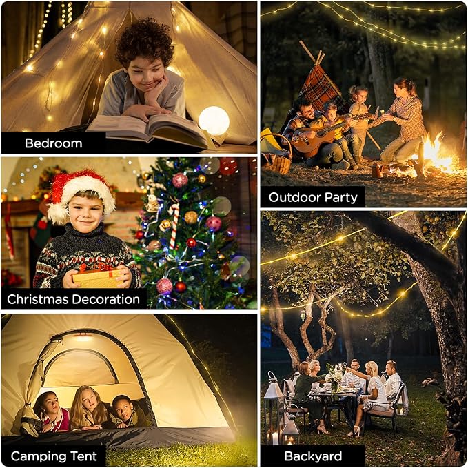 Camping String Lights 4 in 1, 32.8FT Quick Storage 8 Modes Protable | Rechargeable Fairy Tent Lights String , Hanging Waterproof LED Lamp for Outdoor Indoor Patio Awning Decor Camping Essentials