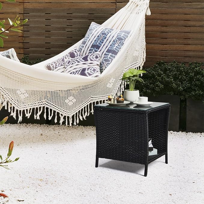 Wicker Rattan Side Table,Outdoor Patio Wicker Side Table, Square End Table Bistro Coffee Table with Glass Top Storage Shelf for Porch Garden Backyard Black