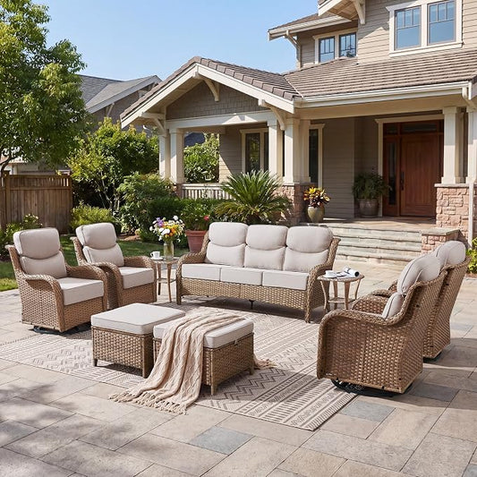 Luxury High Back Patio Furniture Set with 6-Inch Thick Cushions, 9-Pieces Outdoor Furniture with Swivel Chairs, Wicker Conversation Set for Porch, Balcony, Deck and Yard, Yellow/Beige