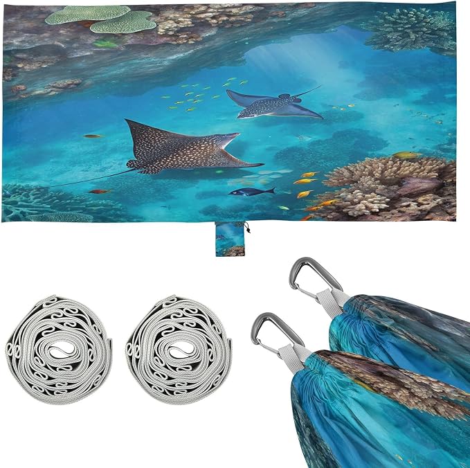 Sea Stingray Camping Hammock, Portable Lightweight Single Hammock with Tree Straps and Aluminum Carabiners, 114" x 54" Travel Hammock for Hiking Backpacking Beach