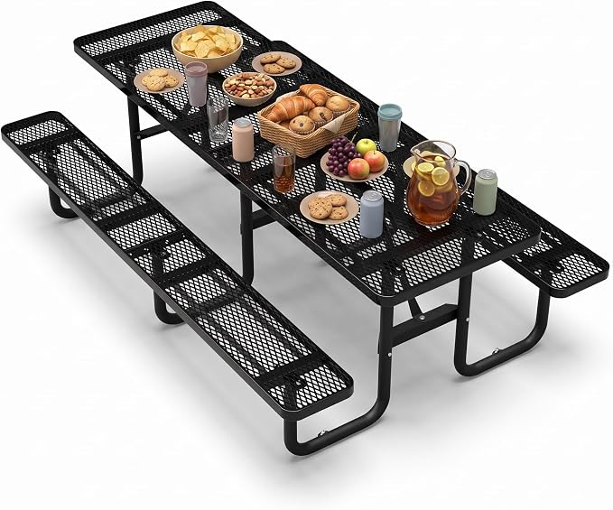 96" Heavy Duty Outdoor Picnic Table for 10, Galvanized Steel Frame with Umbrella Hole, 882LBS Capacity, Mesh Top – Picnic Camping Patio Garden Black