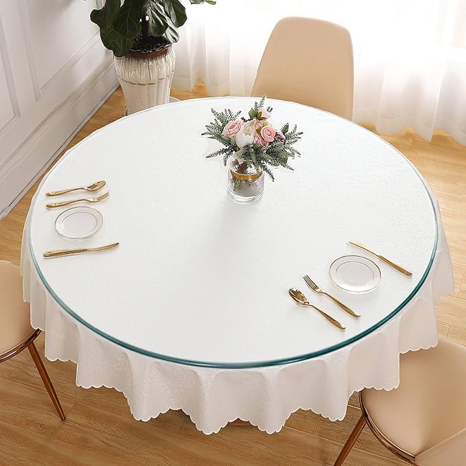 48 Inch Round Tempered Glass Table Top, 0.35 Inch Thick Clear Circular Tabletop with 6 Anti-Slip Rubber Rings, Replacement for Dining & Kitchen and Patio Table