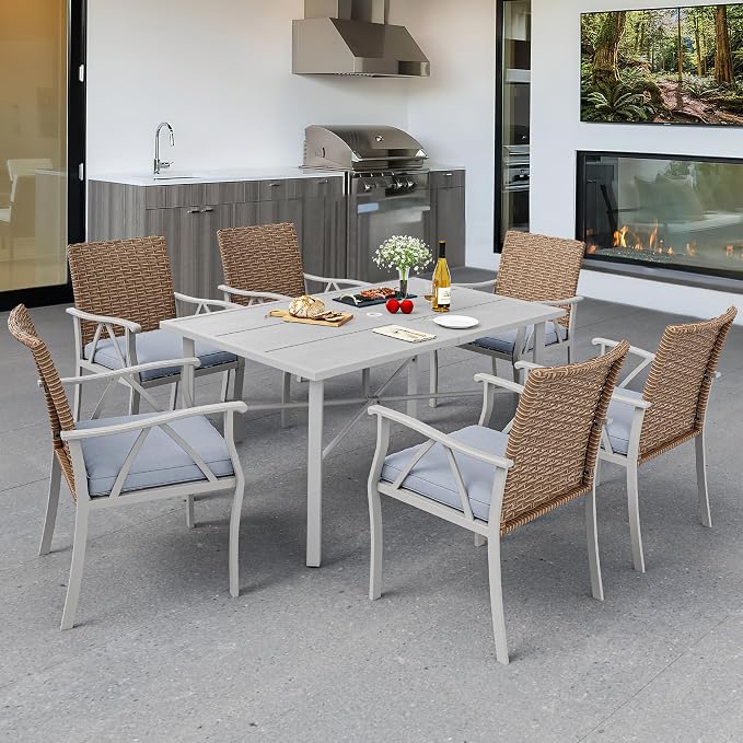 YITAHOME Patio Table Rectangle 59.1"x35.4" Outdoor Tables with Umbrella Hole & Adjustable Levelers All-Weather Outdoor Patio Table with Metal Frame for Lawn Garden Backyard, Gray